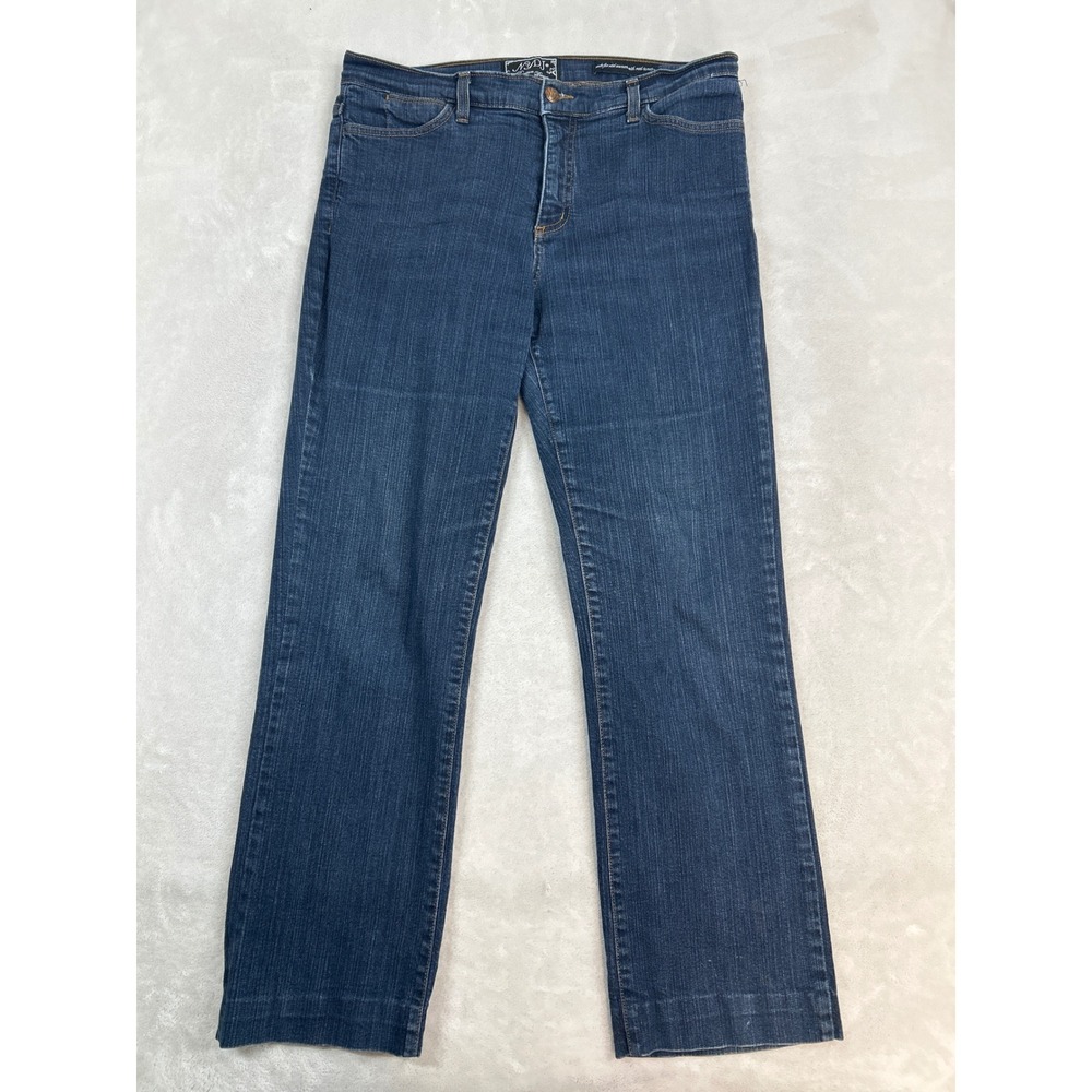 NYDJ Straight Leg Jeans Women 12 Dark Blue Stretch Denim Made in USA Hemmed